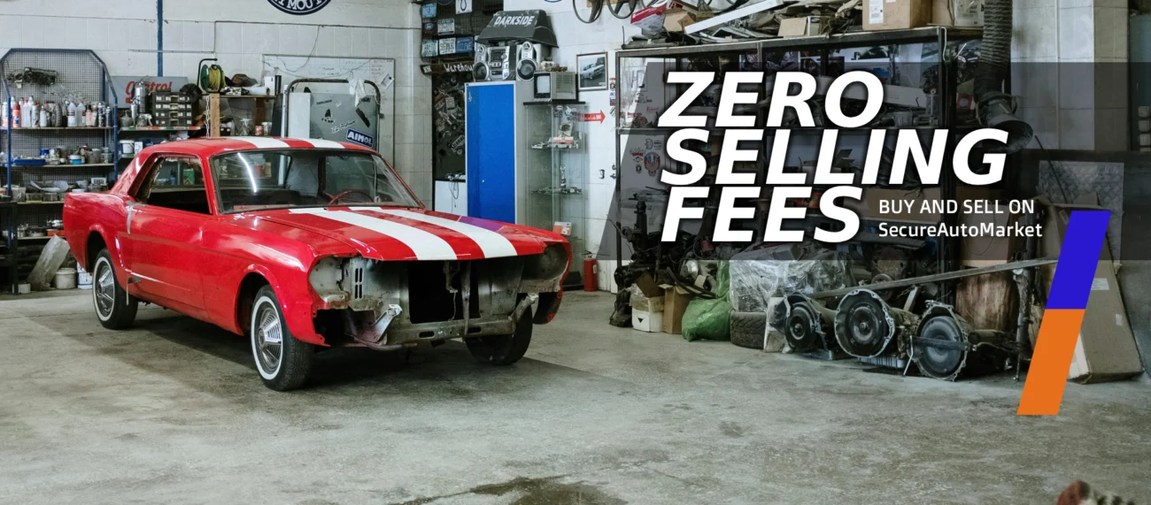 Red classic car in a garage of spare parts - zero selling fees on SecureAutoMarket