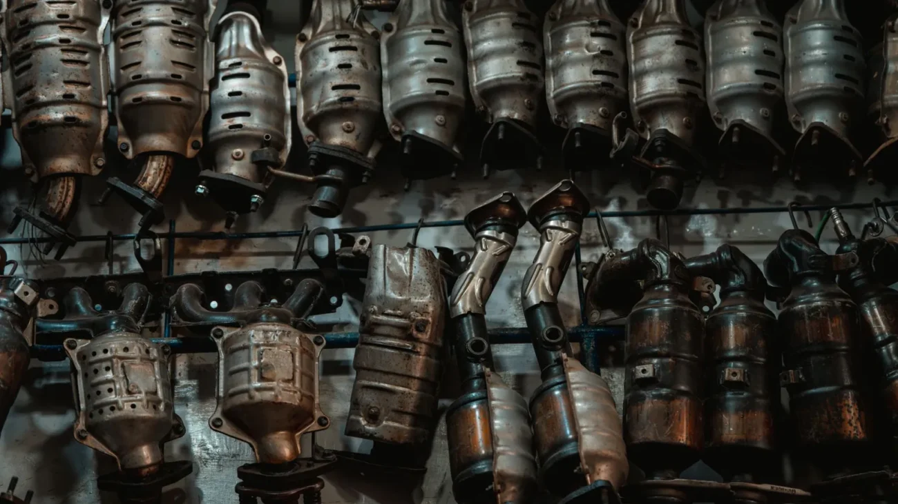 Stack of used catalytic converters in a workshop